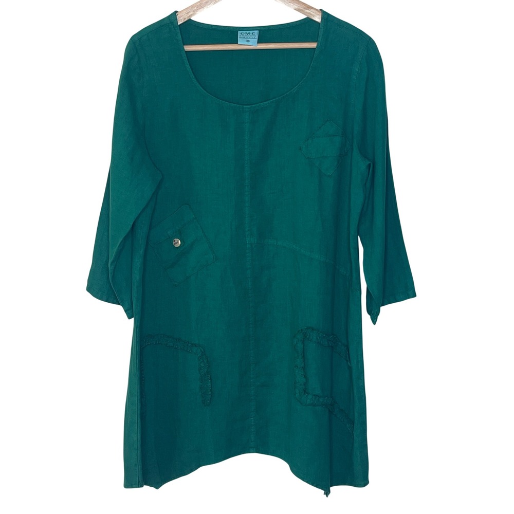 C.M.C by Color Me Linen Tunic Dress 3/4 Sleeve Button Pocket M